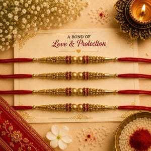 May include: Four identical bracelets featuring red thread bands and central gold-toned cylindrical beads with red enamel accents. The bracelets are displayed on a rectangular card printed with the text A BOND OF Love & Protection.
