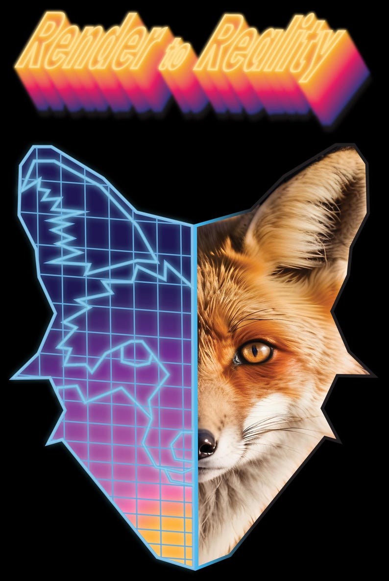 May include: A digital rendering of a fox's head transitions into a real fox's head. The digital rendering is in a blue and purple grid pattern. The text "Render to Reality" is above the fox's head in a yellow and orange gradient.
