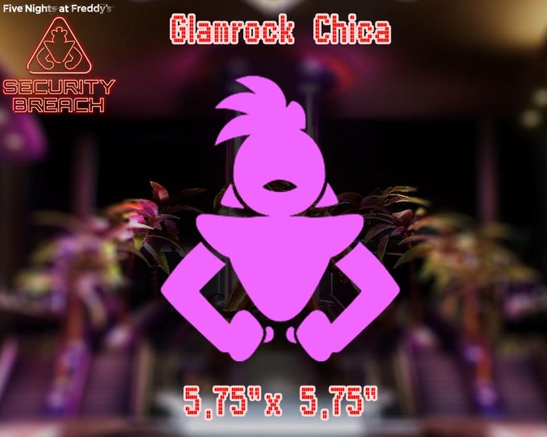 Pu&ograve; includere: Silhouette rosa di Glamrock Chica dal videogioco "Five Nights at Freddy's: Security Breach". La silhouette misura 5,75 pollici per 5,75 pollici.