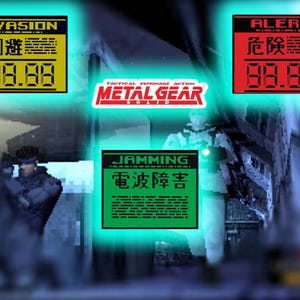 May include: A video game screen showing a character in a black and grey suit holding a gun. The screen displays a green box with the text "JAMMING 電波障害" and three yellow boxes with the text "EVASION 回避 88.88", "ALERT 危険警報 88.88", and "TACTICAL ESPIONAGE ACTION METAL GEAR SOLID".