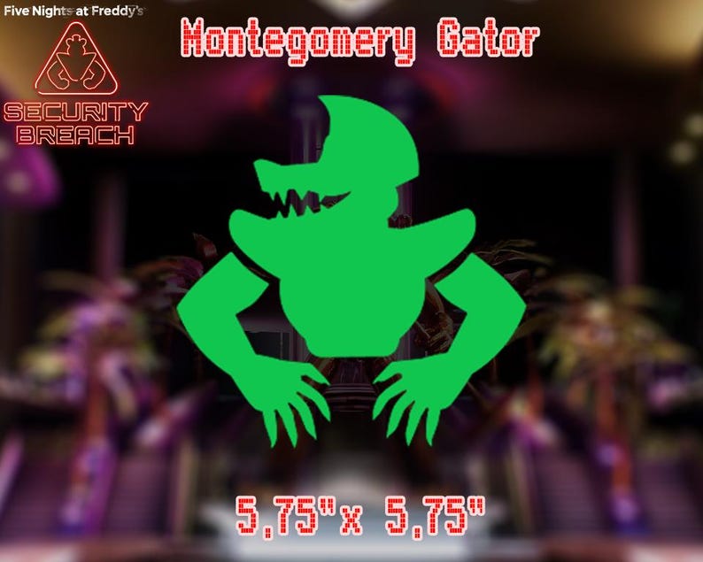 Pu&ograve; includere: Silhouette verde di un alligatore con un ghigno pieno di denti, etichettata "Montgomery Gator" e "Security Breach". L'immagine misura 5,75 pollici per 5,75 pollici.