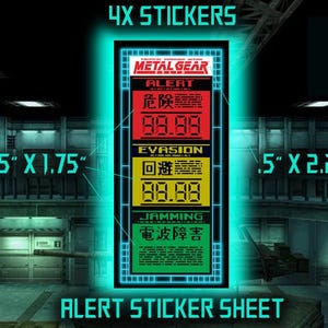 May include: A sheet of four stickers featuring the Metal Gear Solid logo and various alert levels. The stickers are 1.75 inches by 2.25 inches and are printed on a clear background with black text and red, yellow, and green accents.