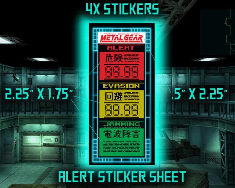 May include: A sheet of four stickers featuring the Metal Gear Solid logo and various alert levels. The stickers are 1.75 inches by 2.25 inches and are printed on a clear background with black text and red, yellow, and green accents.