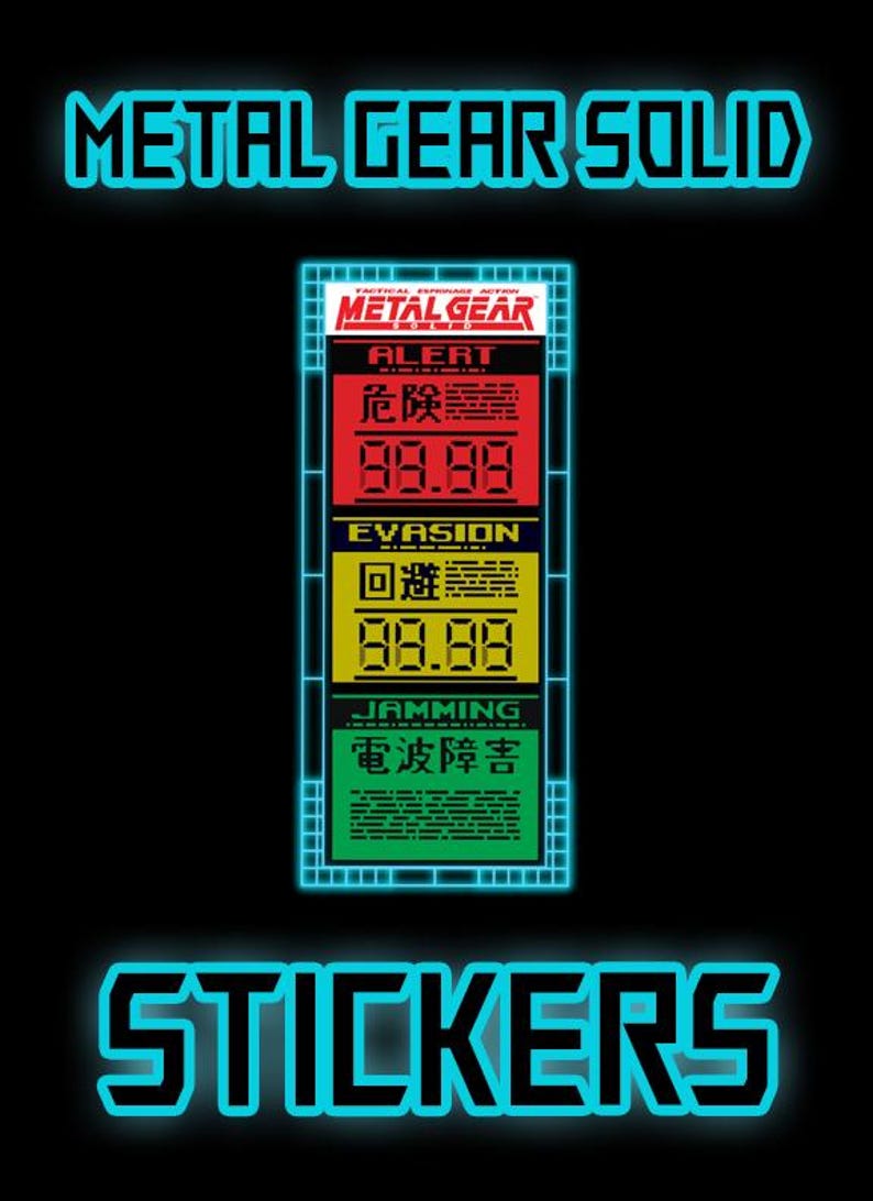 May include: A blue and black sticker with the text "METAL GEAR SOLID" and a digital display with the text "METAL GEAR" and the words "ALERT", "EVASION", and "JAMMING" in Japanese and English.