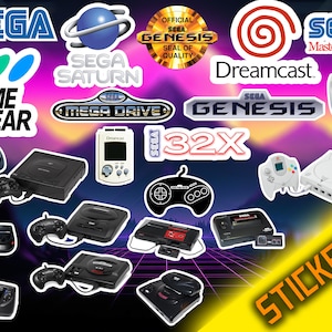 May include: A collection of Sega video game console stickers, including the Sega Genesis, Sega Master System, Sega Saturn, Sega Game Gear, Sega Dreamcast, and Sega 32X. The stickers are on a purple and pink background with a yellow border.