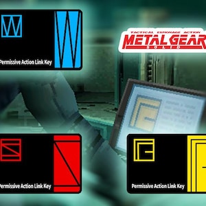 May include: Four black cards with different colored symbols and the text "Permissive Action Link Key" on each card. The cards are from the video game Metal Gear Solid.