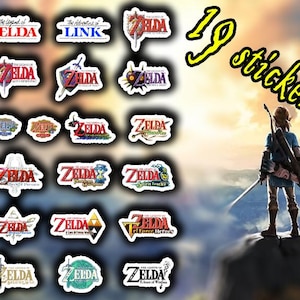 May include: A collection of 19 stickers featuring various logos and titles from the Legend of Zelda video game series. The stickers have white borders and include text such as "Zelda" and "Link". A character from the game is in the background.
