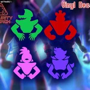 May include: Four vinyl decals featuring characters from the video game "Five Nights at Freddy's: Security Breach". The decals are in the colors green, red, pink, and purple. The text "Vinyl Decals" is at the top of the image.