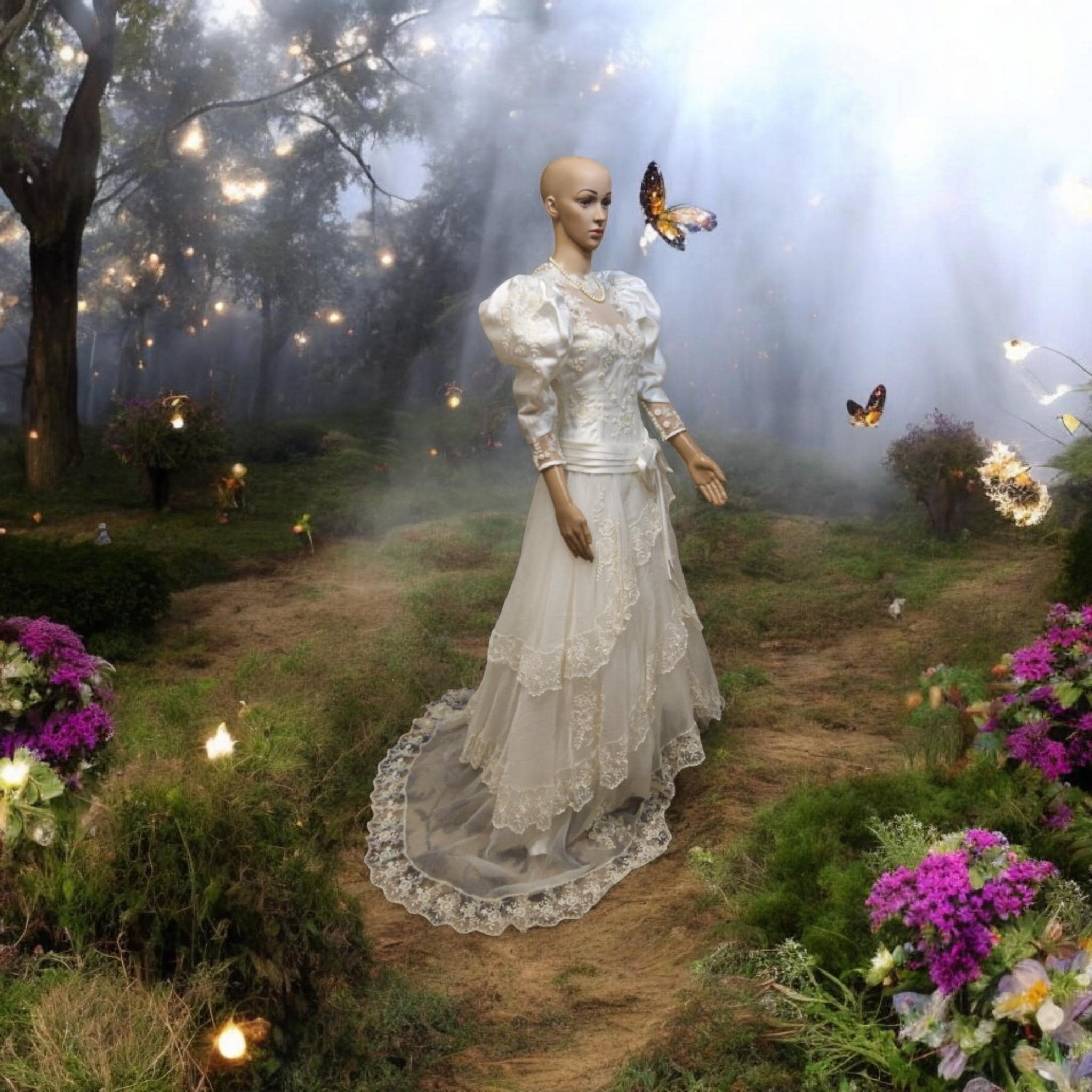 1980's XS Wedding Dress * White Unique Lacy Bridal Gown