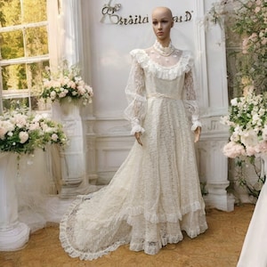 Vintage 70s Edwardian Lace Wedding Dress: Boho Hippie Flower, Long Train