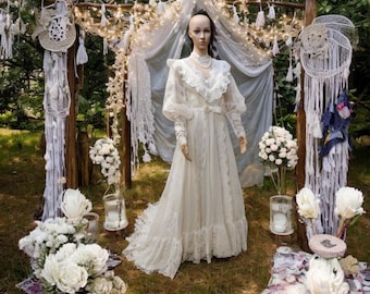 1960s Edwardian Lace Wedding Dress, High Collar Ruffled Bridal Gown