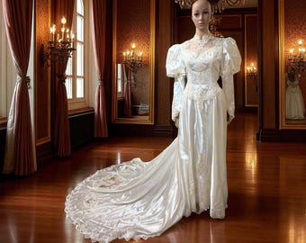 Vintage 80s Satin Wedding Dress: Beaded Sequins, Puffy Sleeves, Long Train