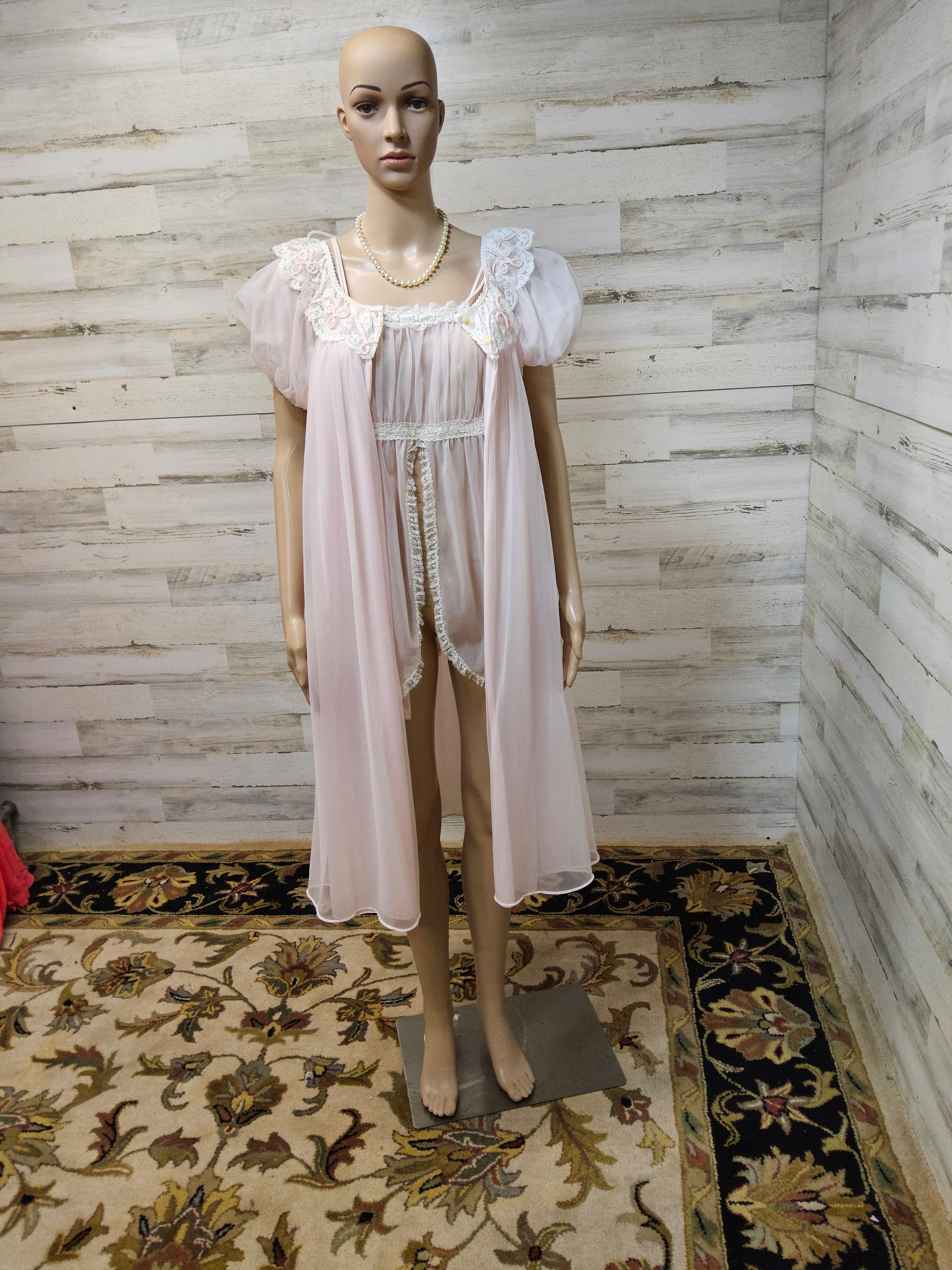 Babydoll Lingerie Baby Pink Set Sexy Sheer Robe & Nightie - Etsy