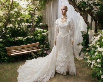 Vintage White Wedding Gown: Lacy Ruffled, Pearl Beaded Train, High Collar