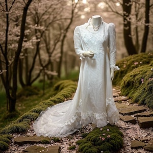 May include: A white wedding dress with long sleeves and a train, displayed on a mannequin. The dress features lace detailing on the bodice and sleeves, with a ruffled hem. The mannequin is posed on a stone path in a forest setting.