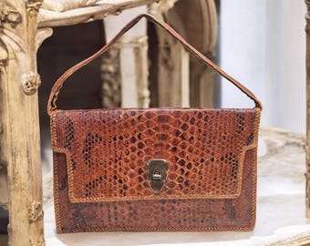 Vintage handtas slangenleer, portemonnee van echt dierenleer, jaren 1950-60