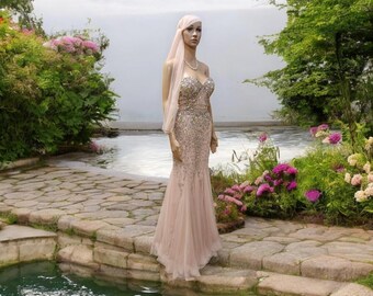 Mermaid Pailletten Abendkleid, blush rosa Sweetheart Perlen Kleid