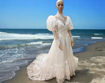 Vintage Wedding Dress With Long Train White Retro 80s 90s Puff Sleeve  Beaded Embroidered Barbie Style Bridal Gown Princess Diana Style - Etsy