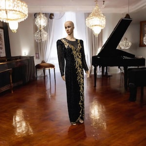 1980&#39;s Black Dress Disco Sequin Formal Dress Deadstock Black & Gold Dress by NiteLine