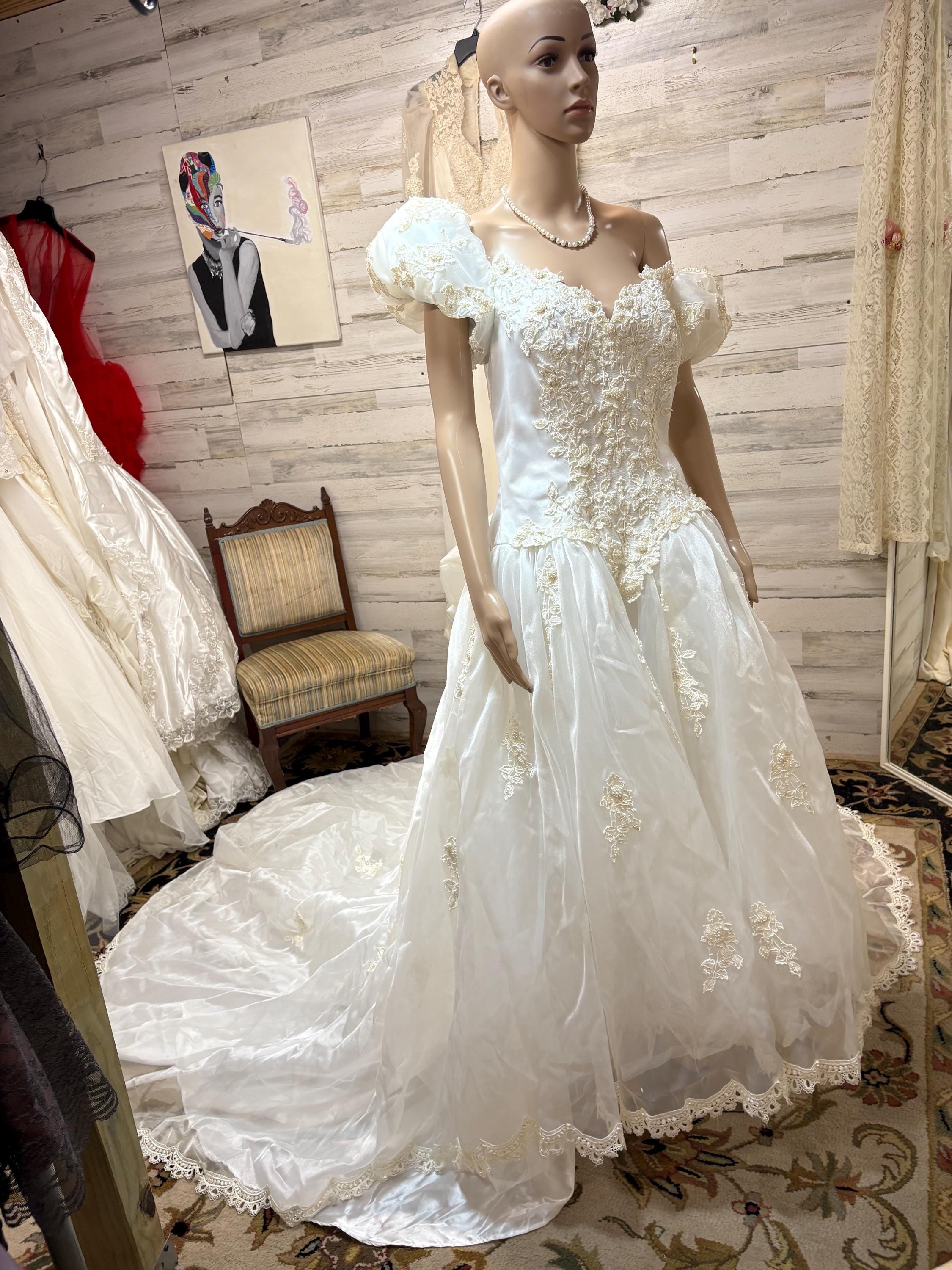 Vintage Lace & Pearl Beaded Wedding Dress - Mori Lee Bridal Gown, Puffy Sleeves - Etsy Vintage Lace & Pearl Beaded Wedding Dress - Mori Lee Bridal Gown, Puffy Sleeves - Etsy