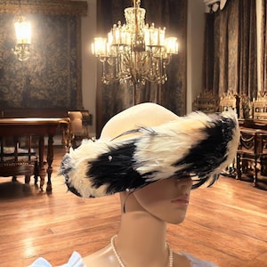 Vintage 50’s style Feather Hat* Ivory Hat with Black Feathers * Ann Marie * Wide Brim