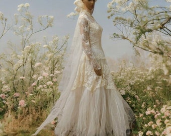 Vintage Chantelly Fairytale Wedding Dress Romantic Lace Tulle Bridal Dress