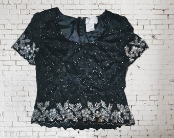 80's Papell Black Blouse Sliver Beaded SILK Sleeved BLOUSE