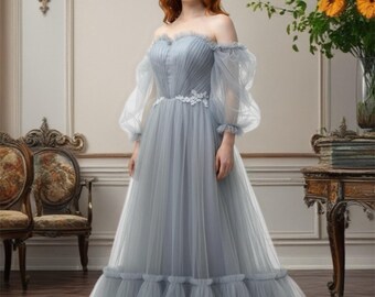 Gray Chiffon Fairy Dress: Corset Back, Puffy Sleeves