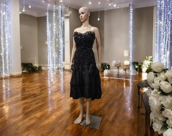1980s Black Taffeta Party Dress, Alfred Angelo, Sweetheart Bust