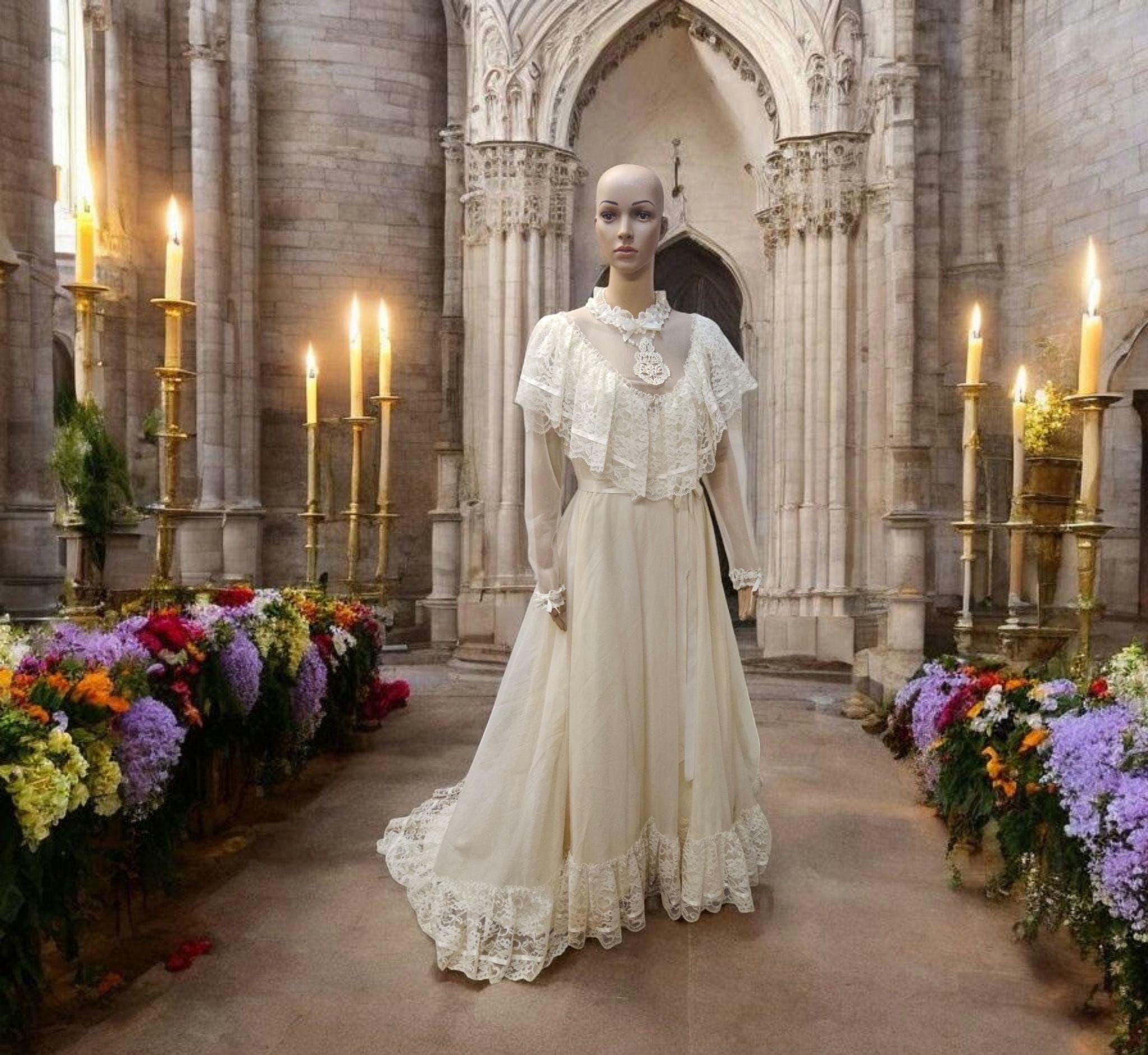 Vintage 1960s Edwardian Style Wedding Dress: Ivory Lace Bridal