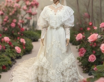 Vintage VICTORIAN EDWARDIAN Lacy Wedding Dress* 60’s White Antique Bridal Gown* Puffy Long Sleeve RUFFLED long Train High Collar Bridal Dres