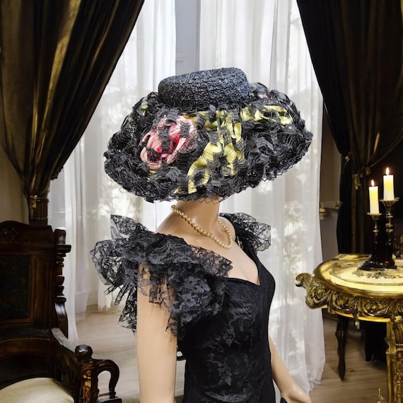 Vintage 50s Wide Brim Black Hat, Kentucky Derby Lacy Floral 