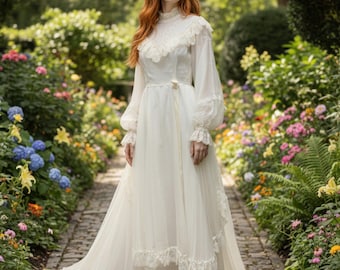 Vintage jaren 60 boho-trouwjurk* hippie ivoor edwardiaanse trouwjurk* bescheiden meisjesachtige romantische trouwjurk