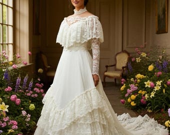 Vintage Victoriaanse Edwardiaanse kanten trouwjurk* Druppelkant met kleine bloemen* Antieke bruidsjurk jaren 60 Prachtige jurk