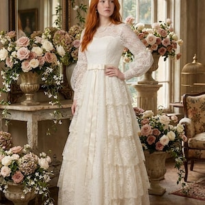 vintage wedding dress etsy 1970s Boho Bishop Sleeve Vintage Long Sleeves Wedding Dresses