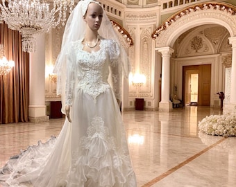 Vintage 80s White Lace Wedding Gown: High Collar Ruffled Train