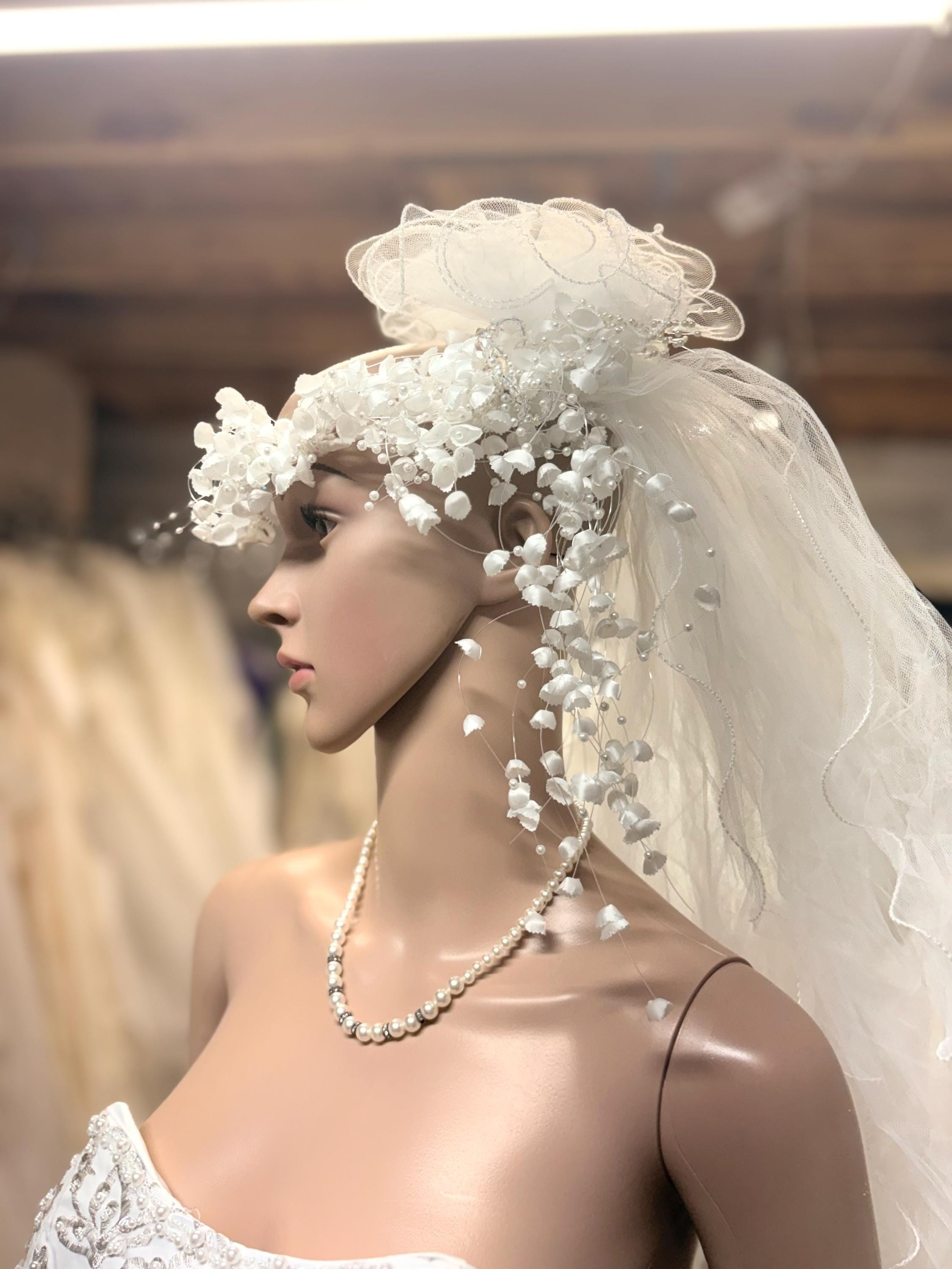 Vintage 1980s Bridal Pillbox Veil Ivory Satin Pearl Lace Wedding Blusher Veil Floral Lace Edge Wedding Veil, Vintage Blusher Veil, Ivory  main image 4