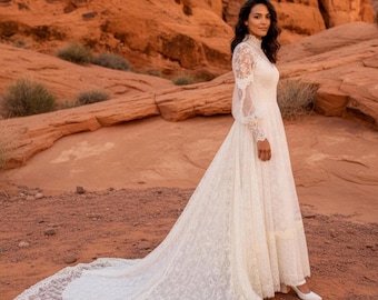 1960’s Boho Empire Waist Wedding Dress* Beautiful Chantilly Lacy Ivory Wedding Gown* Cottage Core Vintage Wedding Dress