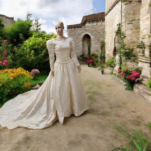 1980s Handwoven Silk Wedding Gown: Pearl Beaded Sequin Detail, Long Train