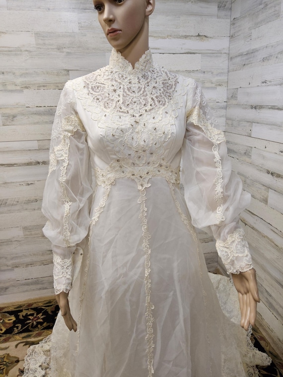 Vintage Lace Wedding Dress, High Collar, Puffy Sleeves, 60s-70s Boho - Etsy