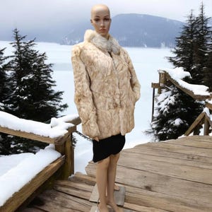 Vintage Rabbit Coat Silver Fox Collar* 1970's -80's Ivory Rabbit Fur Coat* Made in Hong Kong