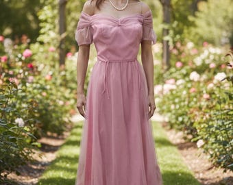 Vintage 1960s Dusty Rose Chiffon Prom Dress, Off-Shoulder Style, Large