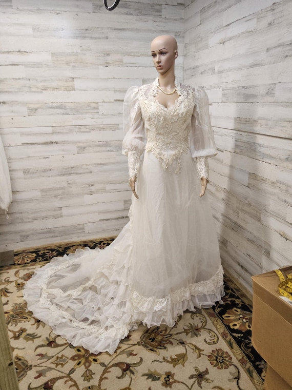 Vintage High Collar Wedding Dress* Ivory Bridal G… - image 10