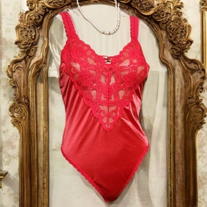 Vintage 1970&#39;s Red  Babydoll Teddie Sexy Lingerie Lacy Red Sexy Romper Playsuit Teddie