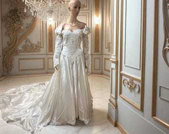 Vintage Satin Wedding Gown: Basque Waist, Off-Shoulder Ball Gown