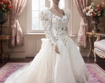 Vintage 80s Wedding Dress: Royal Princess Lace & Pearl Bridal Gown with Veil