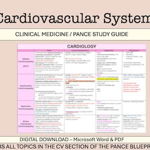 May include: A digital download study guide for the Cardiovascular System, covering topics in cardiology. The guide includes detailed information on various conditions, such as dilated and hypertrophic cardiomyopathy, with diagnostic and management details.