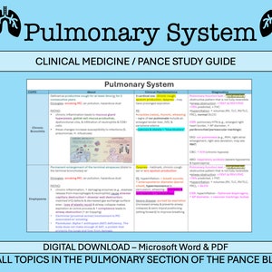 May include: A blue and white study guide for the PANCE exam, focusing on the pulmonary system. The guide includes information about chronic bronchitis, emphysema, and clinical manifestations of pulmonary diseases. The text includes the words "Pulmonary System", "Clinical Medicine", "PANCE Study Guide", "Digital Download", "Microsoft Word & PDF", and "Covers all topics in the pulmonary section of the PANCE blueprint!"