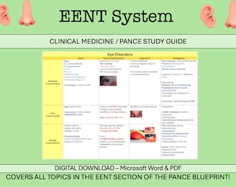 Oídos Ojos Nariz Garganta EENT Hojas de estudio completas PA / Guía de estudio / Estudiante asistente médico / Estudiante de enfermería practicante / Plano PANCE