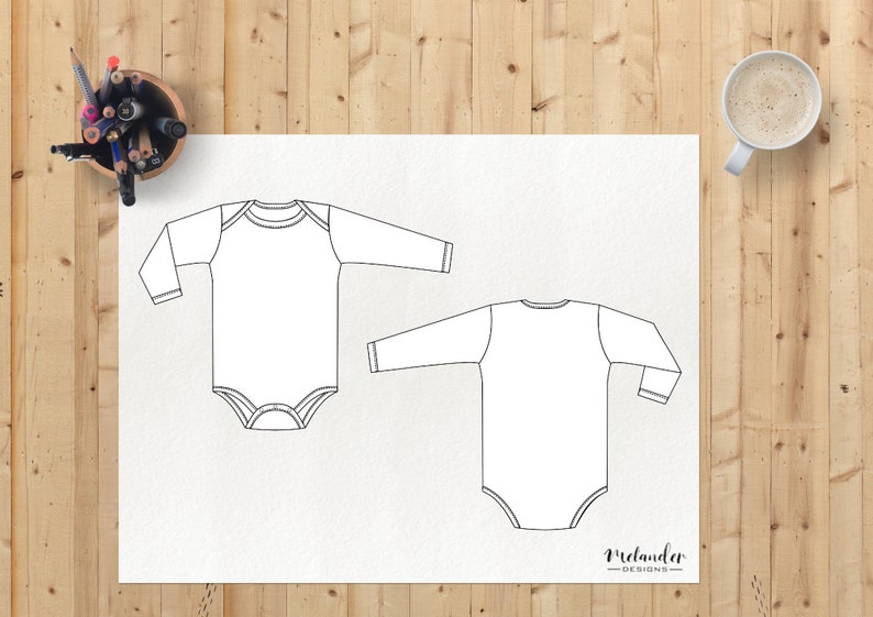 Baby bodysuit with long sleeves technical drawing